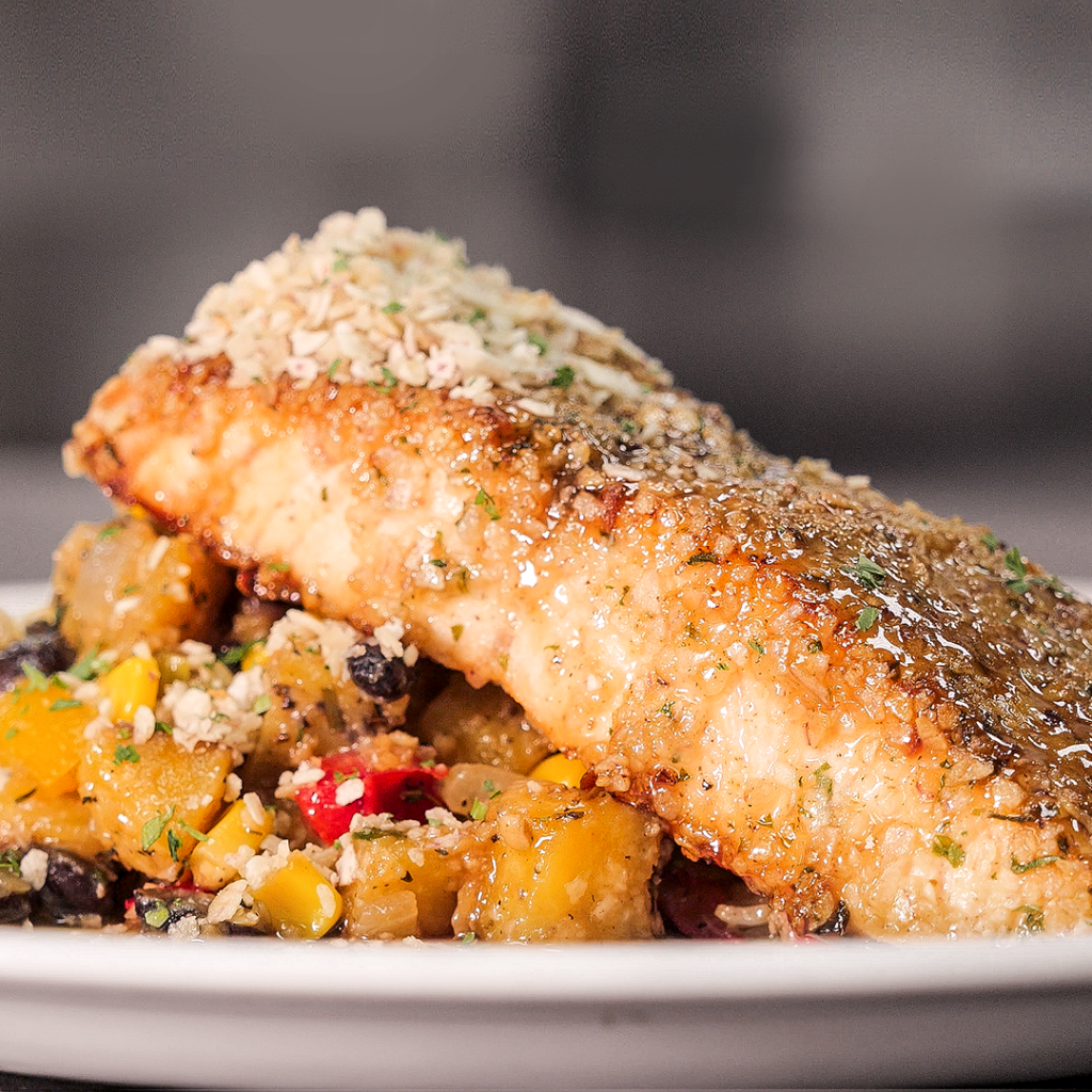 Dasheen Crusted Chilean Salmon with Caramelized Plantain Hash, Orange-Balsamic Glaze