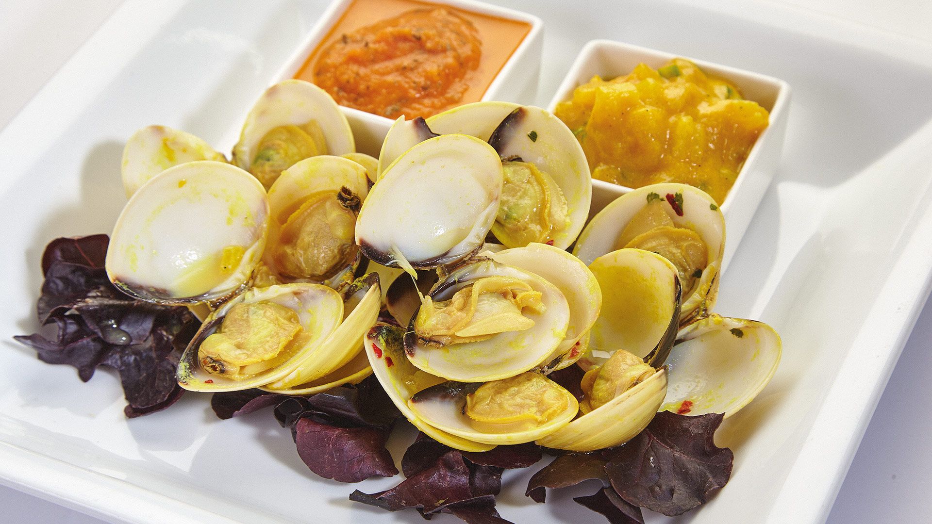 Sautéed Clams Saffron Potato, Tomato Choka