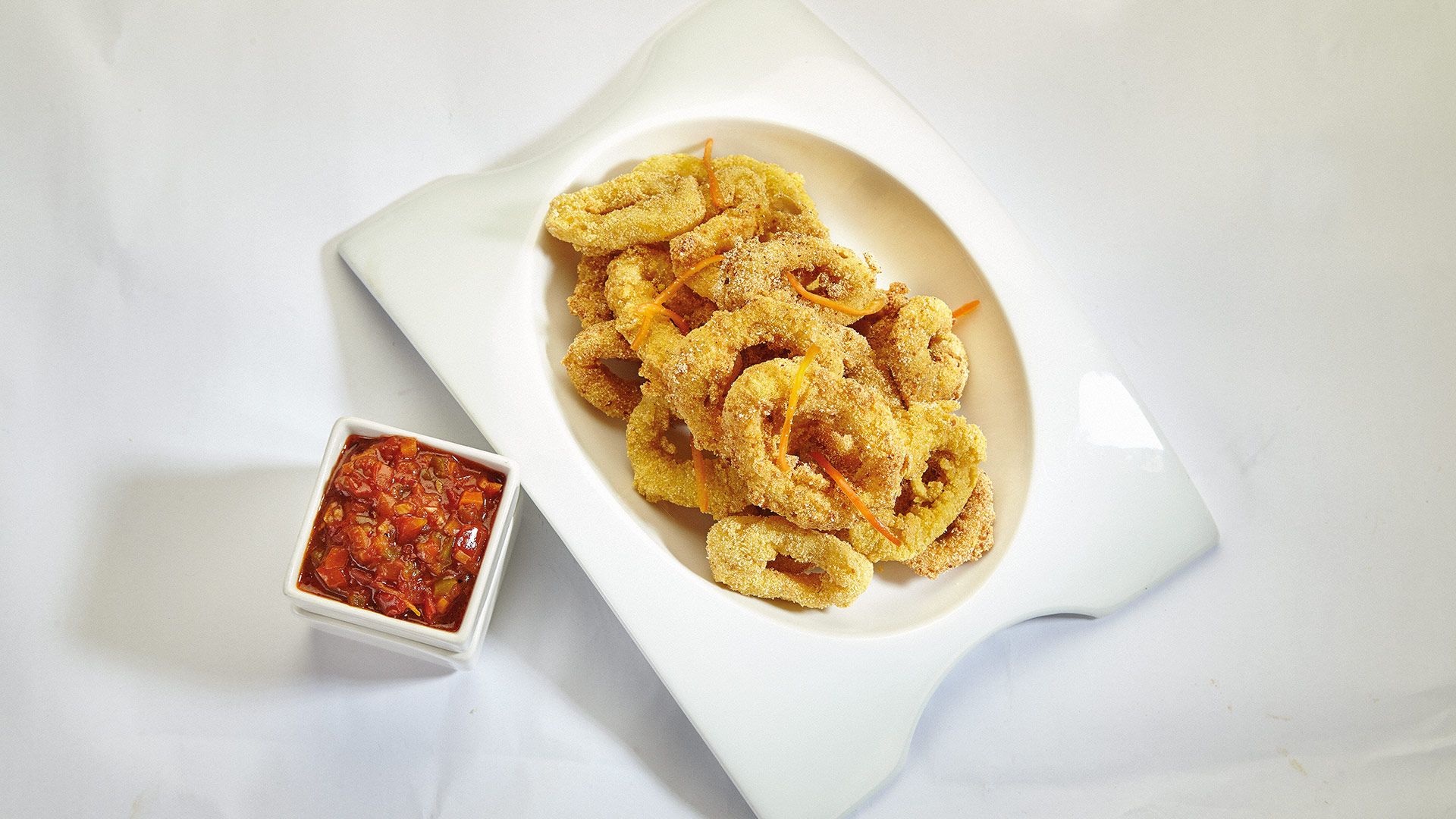 Cornmeal Crusted Squid Rings, Vegetable Salsa