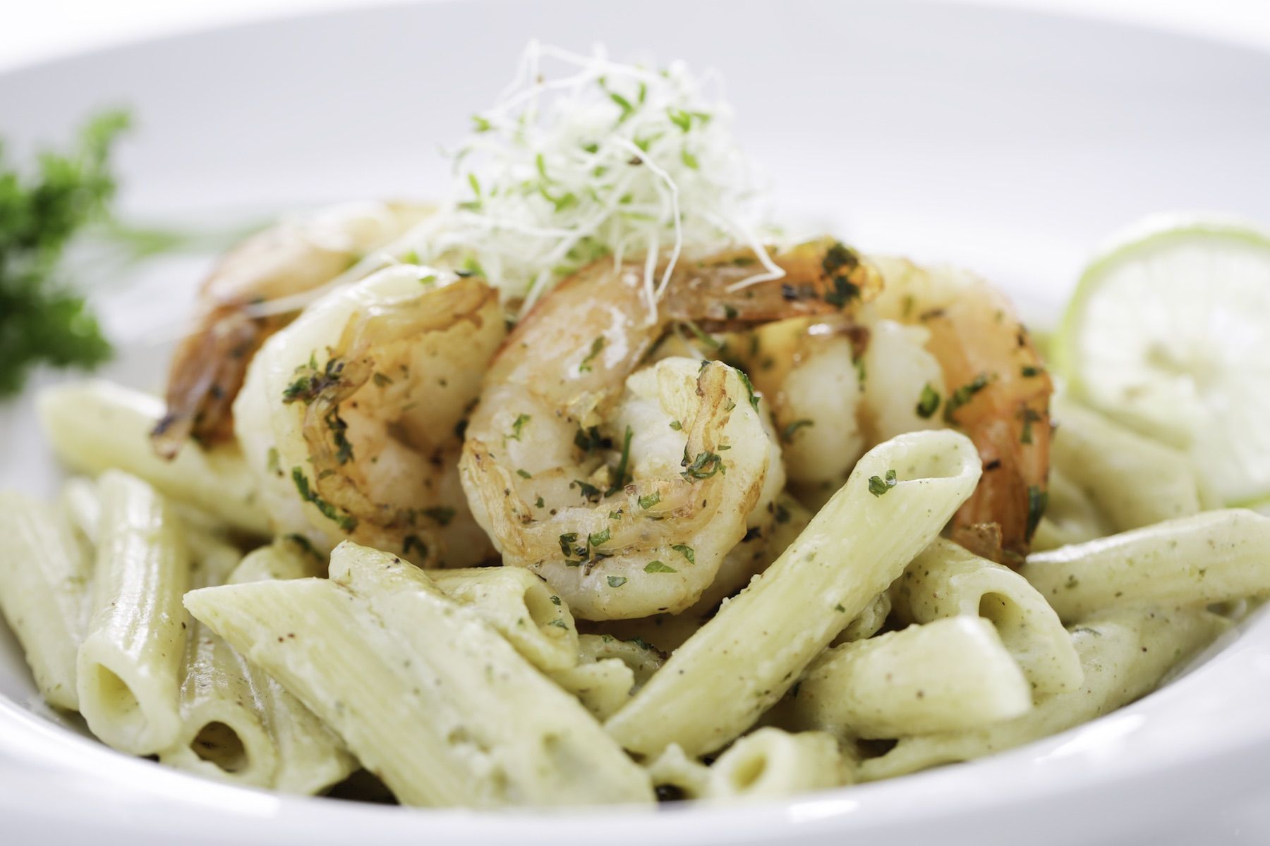 CREAMY ALFREDO PASTA TOPPED WITH GARLIC SHRIMP (1)