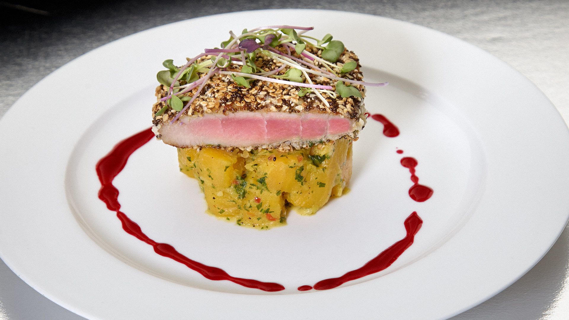 Pan-seared sesame crusted Ahi Tuna