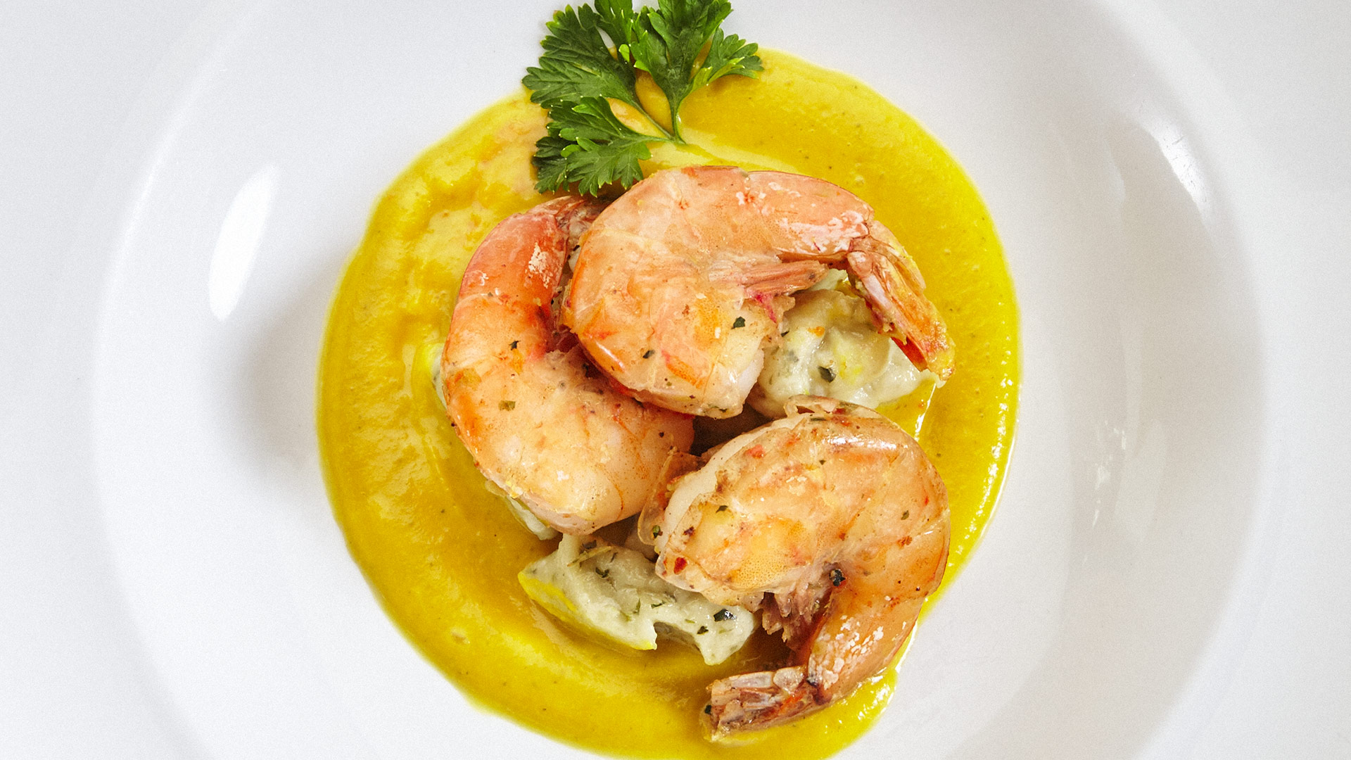 Sautéed Shrimp in pimento Butter with Cilantro Gnocchi & Pumpkin Cremer